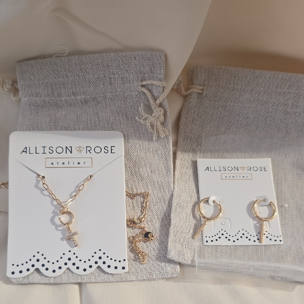 Allison Rose  Cross Necklace and Earring Set 14K Gold Plated NWT & Pouches